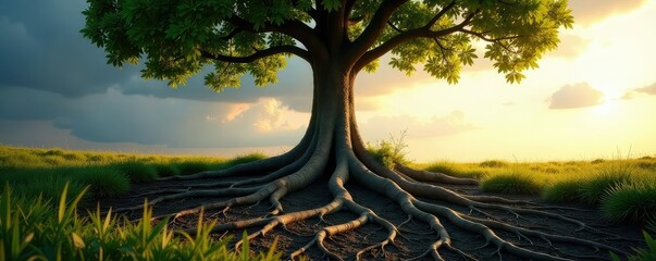 Tree roots stretching from the base of the trunk into the distance, solitary, roots, ground