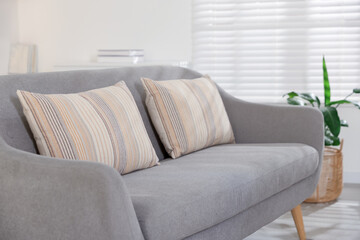 Soft decorative pillows on sofa in room