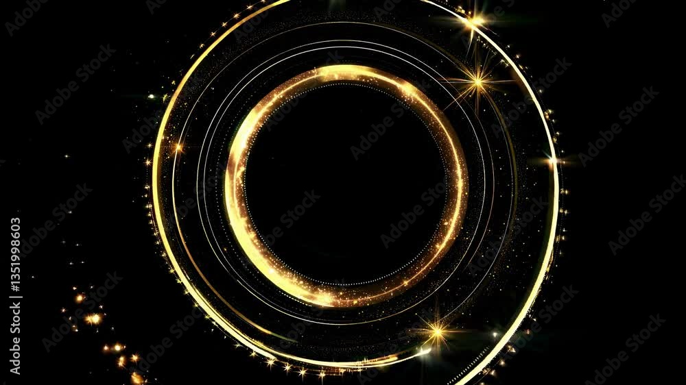 Poster a top-down video view of a glowing, golden circular pattern with sparkling stars on a black backgrou