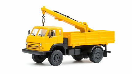 Yellow toy crane truck lifting, white background, construction play