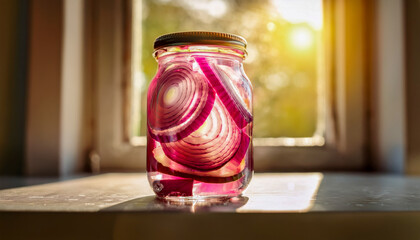 A jar filled with pickled red onions, reflecting sunlight on a kitchen windowsill.