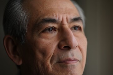 Fototapeta premium Close-up of an older man looking thoughtfully towards the window on a cloudy day in an urban setting