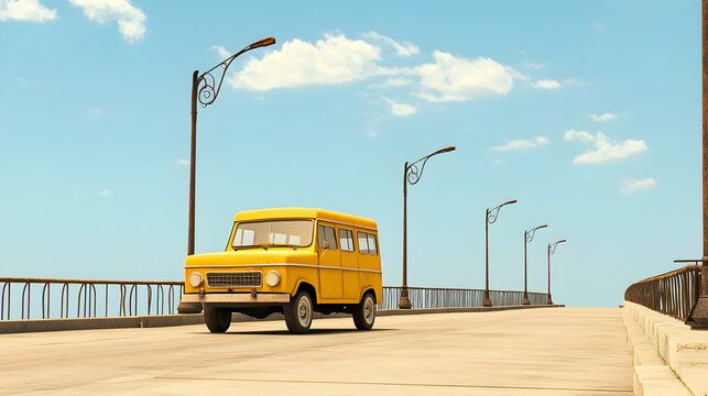 Yellow vintage van drives across a long bridge under a sunny sky; perfect for travel, adventure, and road trip themes