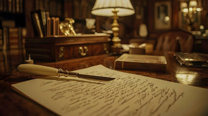 Elegant study, antique desk, handwritten letter, soft lighting, book, library background; ideal for historical fiction or literature