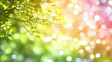 Green leaves and vibrant bokeh create a colorful nature scene