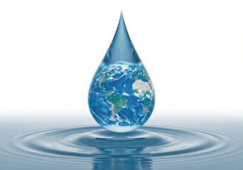 World water day. A drop of planet earth about to make contact with the undulating water surface.