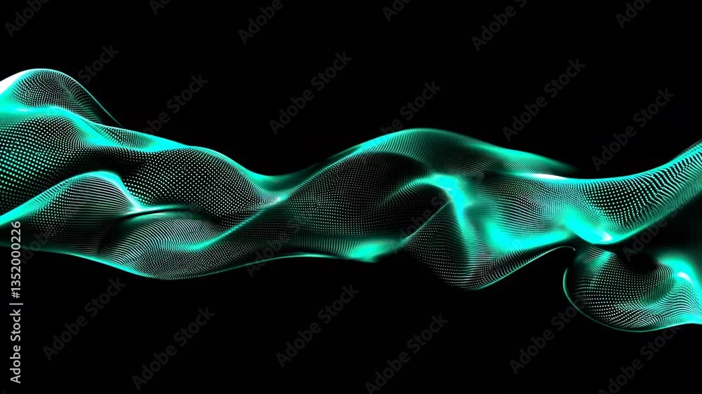 Poster abstract video art with flowing teal waves on a black background, captured from a side angle, creati