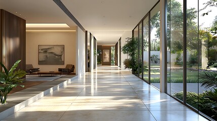 Fototapeta premium Modern Luxury Home Interior Sunlit Hallway with Garden Views and Abstract Art