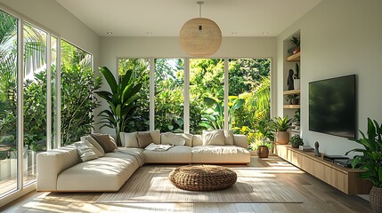 Modern Tropical Living Room Interior Design with Beige Sofa Large Windows and Lush Greenery