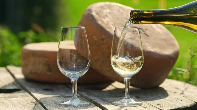 Pouring white wine into glasses with Ossau-Iraty cheese wheels in the background