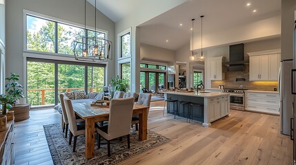 Modern Farmhouse Kitchen and Dining Area with Large Windows and Hardwood Floors