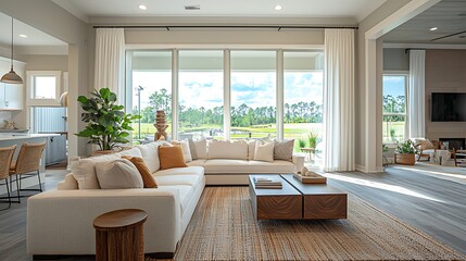 Fototapeta premium Modern Luxury Living Room with Sectional Sofa Golf Course View and Natural Light