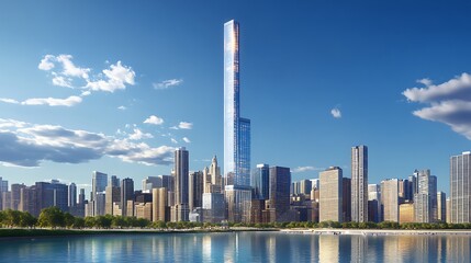 Obraz premium Skyline sunset magic glowing over mirror-like waterfront image