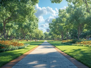 Sunlit park path, lined with trees and vibrant flowers, leading towards a distant cityscape