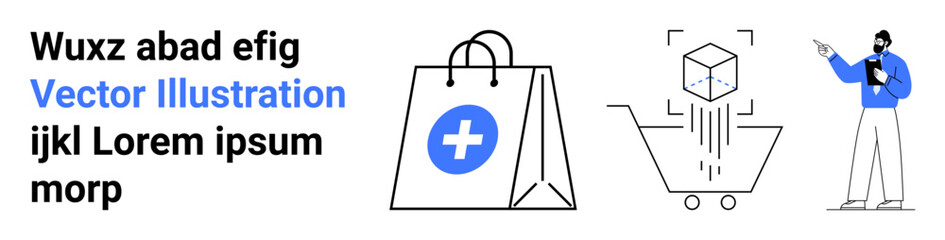 Obraz premium Shopping bag with medical cross icon, scanning cart with 3D cube, male figure gesturing towards data. Ideal for e-commerce, healthcare, technology, app design, marketing, education simple landing