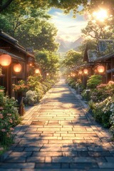 Fototapeta premium Sunlit path through charming village, lined with traditional houses and blooming flowers