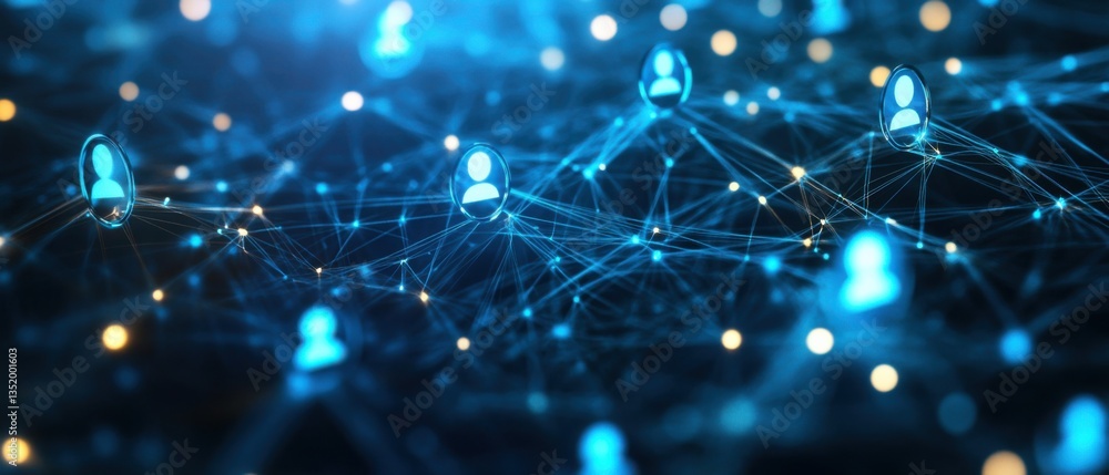 Poster abstract network connection with user icons, representing social media connections and digital commu