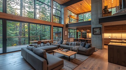 Modern Luxury Home Interior Design Open Plan Living Room with Forest View