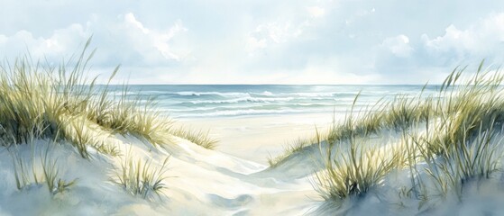 Serene watercolor painting of a sandy beach with dunes and sea grass under a cloudy sky, evoking tranquility and coastal beauty