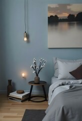 A bedroom with a white wall, a bed with white sheets, a vase with white branches , and a lamp hanging from the bed 