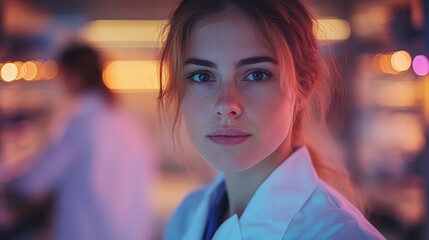 A beautiful woman in a lab coat looking directly at the viewer
