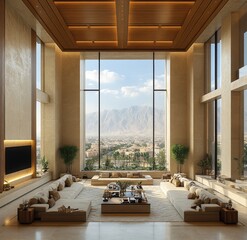 Modern minimalist  living room, beige walls, wooden ceiling, large window with mountain view, floor-to-ceiling windows, flat-screen TV, coffee table, multiple cushions, warm LED lighting, ind