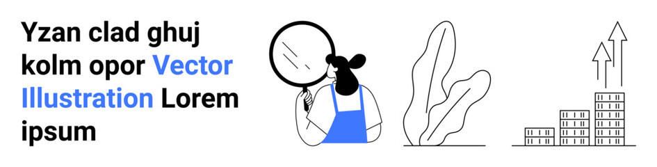 Woman inspecting details with magnifying glass, plant illustration, upward arrows, and stacked buildings. Ideal for business growth, data analysis, investment, productivity, research innovation