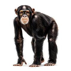 Fototapeta premium A sturdy, well-muscled chimpanzee with a dark brown-black coat and broad face stands in a realistic side-view portrait, full body on a white background, with dark expressive eyes and a calm, intellige