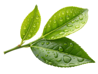 Fresh green tea leaf with drops of water, isolated on transparent background. Beautiful green leaves isolated on white. Drops of dew in the morning glow in the sun. Beautiful leaf texture in nature