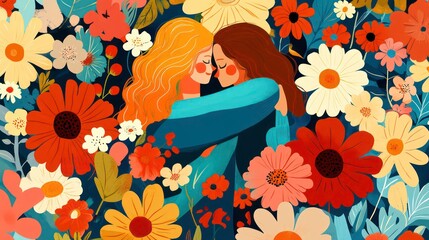 Two women embrace amidst colorful flowers; peaceful scene; for posters, cards, or social media