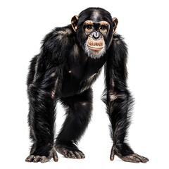 Fototapeta premium A sturdy, well-muscled chimpanzee with a dark brown-black coat and broad face stands in a realistic side-view portrait, full body on a white background, with dark expressive eyes and a calm, intellige