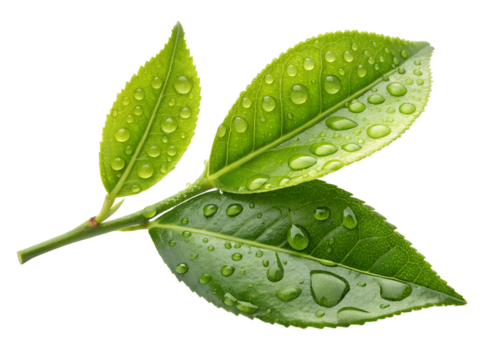 Fresh green tea leaf with drops of water, isolated on transparent background. Beautiful green leaves isolated on white. Drops of dew in the morning glow in the sun. Beautiful leaf texture in nature