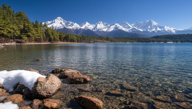 Clear lake, snowy rocks, mountain backdrop, sunny day, travel poster - Powered by Adobe
