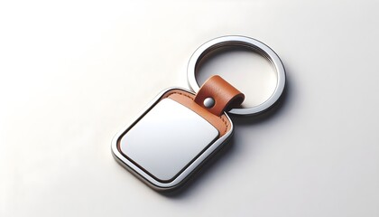 Luxury leather keychain with metallic ring, ultra-detailed close-up shot.