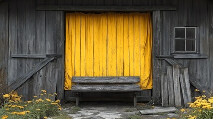 A yellow curtain hangs over a wooden door
