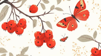 Bold textured  of hawthorn berries and butterflies on white