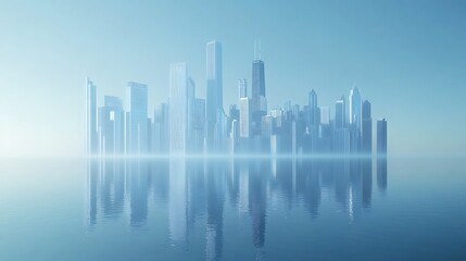 Fototapeta premium Urban skyline sunset radiance reflecting over calm waterfront image