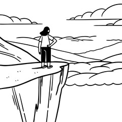 Solo Woman Standing on Cliff Edge Overlooking Vast Mountainous Landscape Vector Art