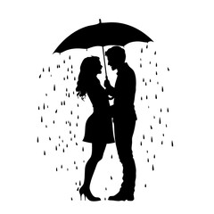 Romantic Couple Silhouette Under Umbrella in Rain Vector Illustration