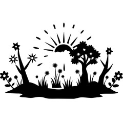 Silhouette Landscape with Sunrise Tree Flowers for Nature Illustrations and Craft Designs