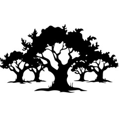 Vector Silhouette of Oak Trees Scenery for Nature Illustration and Art Design