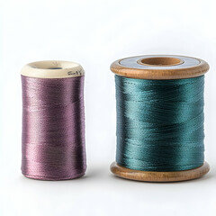 Two spools of thread, purple and teal, on white background; sewing supplies; craft project