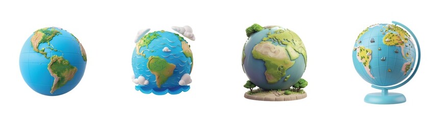 Various models of earth globes illustrating continents and oceans with unique artistic features