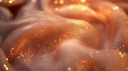 Fototapeta premium Glittering rose gold fabric texture with bokeh. Ideal for backgrounds, fashion, and luxury product promotions.