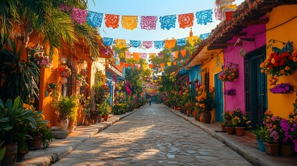 Fototapeta premium Traditional Latin American street with hanging flags bright colors cultural celebration art