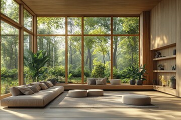 Modern Minimalist Scandinavian Living Room with Large Windows and Natural Light