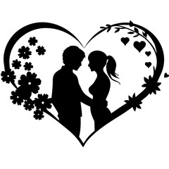 Romantic Couple Silhouette Embracing in Floral Heart Design for Valentine's Day