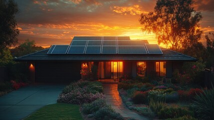 Sunset view of a house with solar panels on the roof and a well-maintained garden