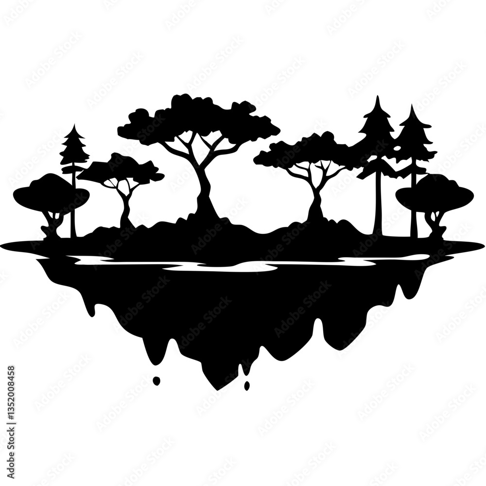 Poster enchanting floating island silhouette with trees illustrative vector for design