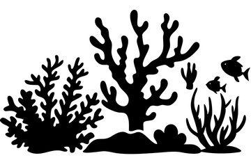 Naklejka premium Underwater Coral Reef Vector Illustration with Fish Silhouette Art